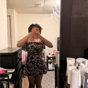 Fashion Nova Black Sequin Strapless Midi Dress with Purple & Gold Accents